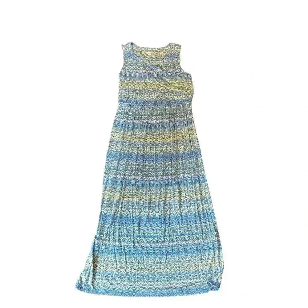 J. Jill Surplice Aegean Ikat Print Sleeveless Maxi Dress Blue Green Casual Sz M